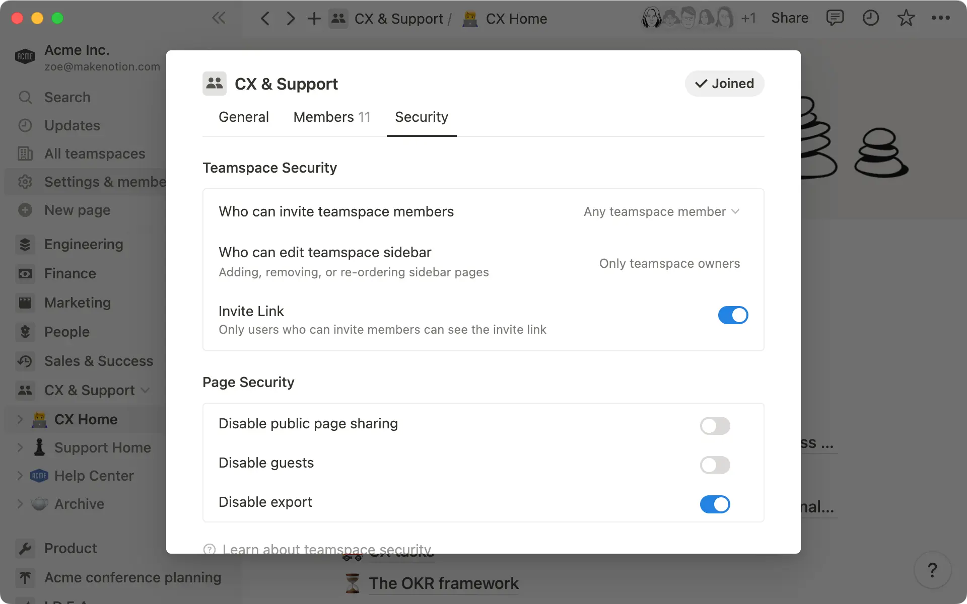 Configure custom security settings for your teamspace to manage external sharing.