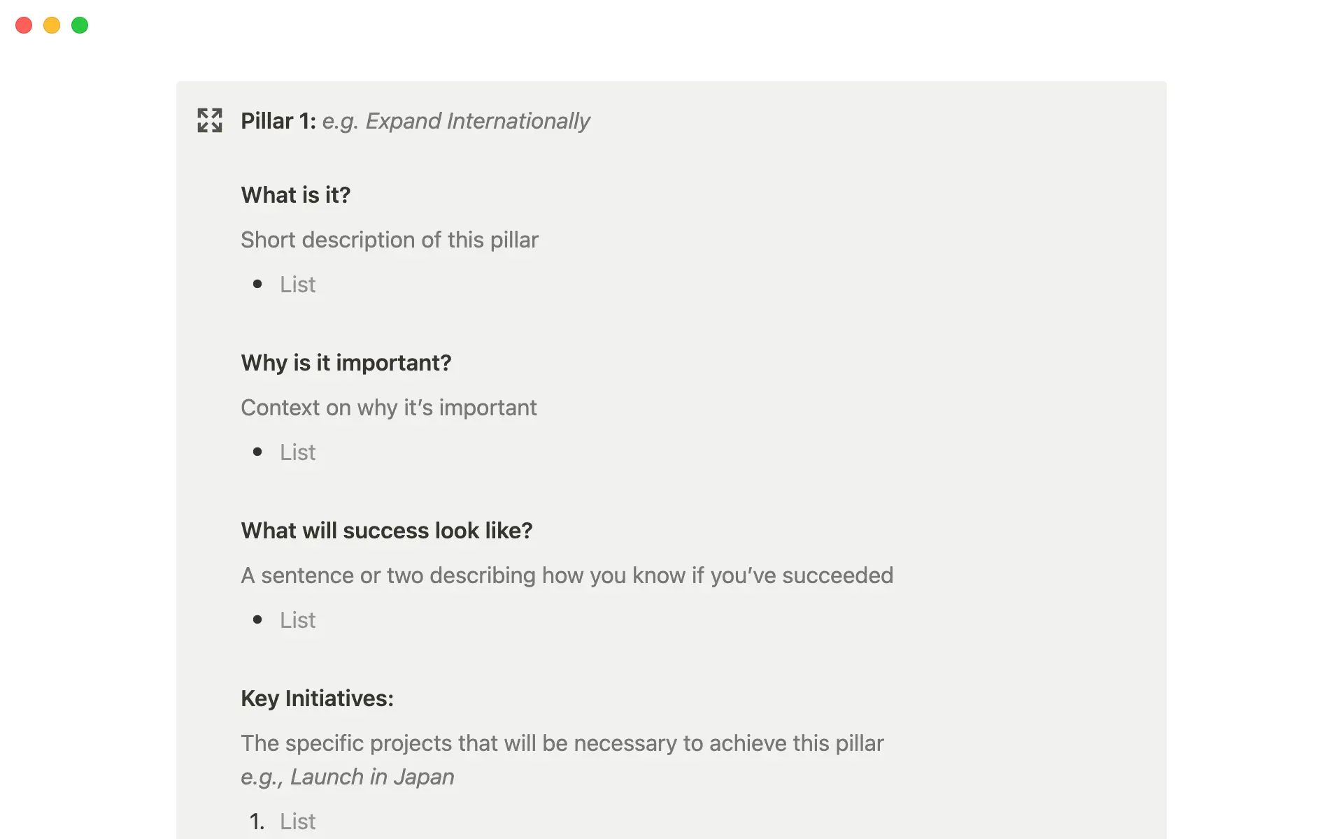 Build each strategic pillar by defining the what, why, success metrics, and key initiatives.